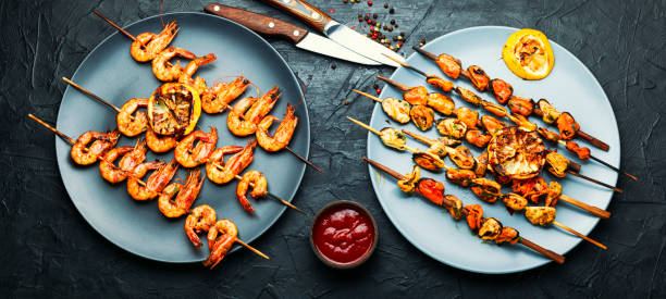 istock Grilled shrimp and mussels skewers 1296999545