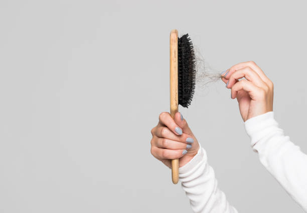 cabelo cair depois de pentear em escova de cabelo, isolado. problema de queda de cabelo, período pós-parto, distúrbio menstrual, estresse - hairbrush - fotografias e filmes do acervo