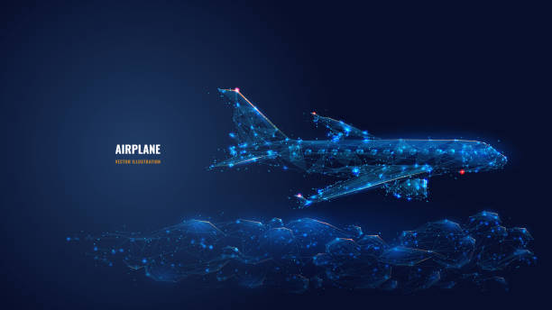 Abstract polygonal image of flying airplane Digital 3d airplane flying over clouds. Abstract vector wireframe of airliner in the sky. Travel, tourism, business, transportation concept. Low poly dark blue mesh with dots, lines and glowing stars aerospace industry stock illustrations