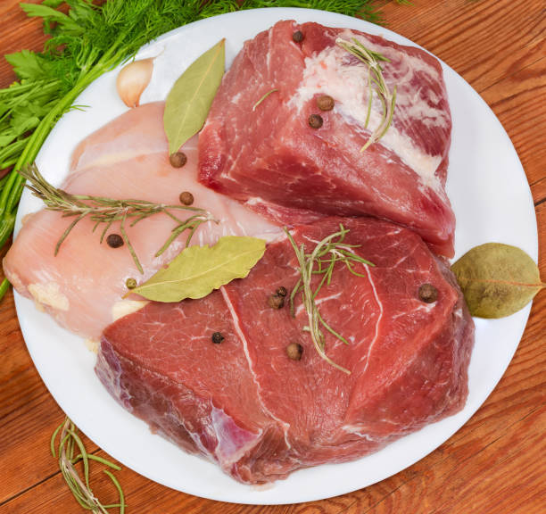 istock Uncooked pork, beef, chicken with spices and greens, top view 1297004078