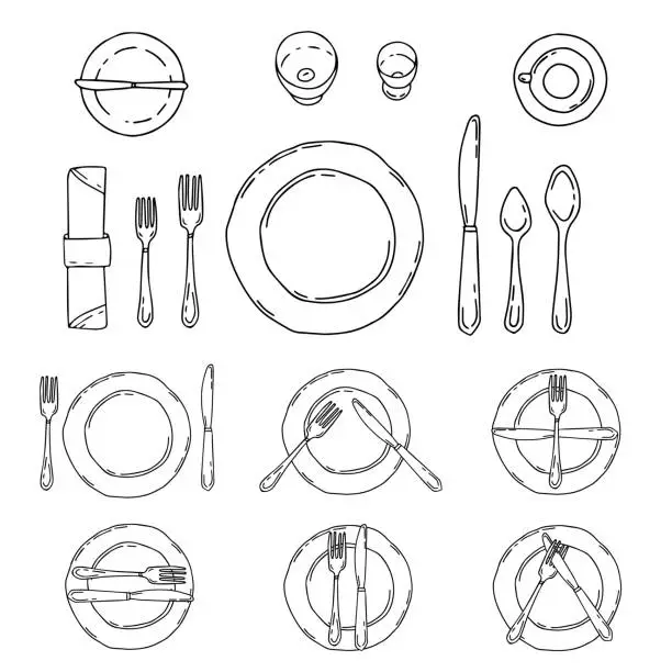 Vector illustration of Table settings isolated on a white background. Serving in doodle style with plate, forks, spoons, knife and napkin. Table etiquette. Position of fork and knife on plate.