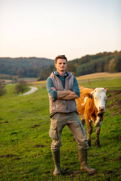 jeune homme restant avec la vache dans le domaine - éleveur photos et images de collection