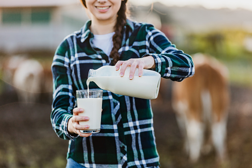 Young female farmer pouring milk into glass at dairy farm