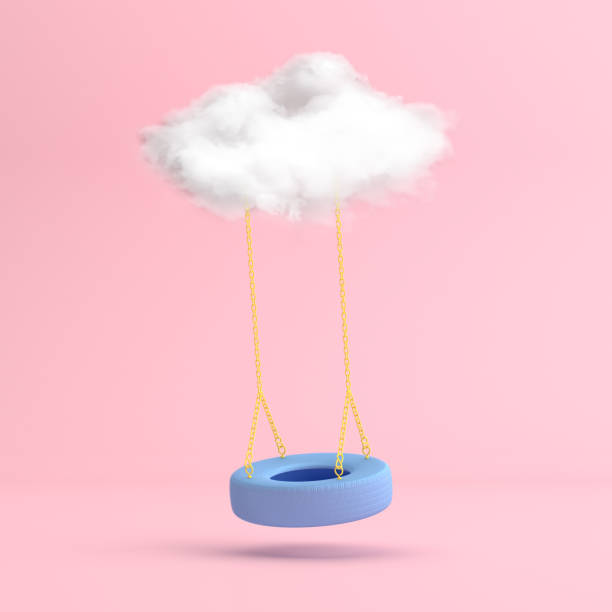 istock Minimal scene of floating blue swing tire with the white cloud. 3D rendering 1297007219