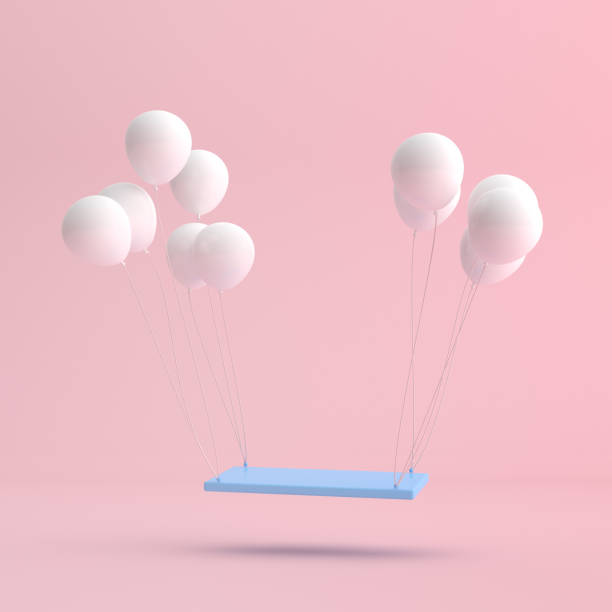 istock Minimal scene of floating blue swing chair with white balloon. 3D rendering 1297007237
