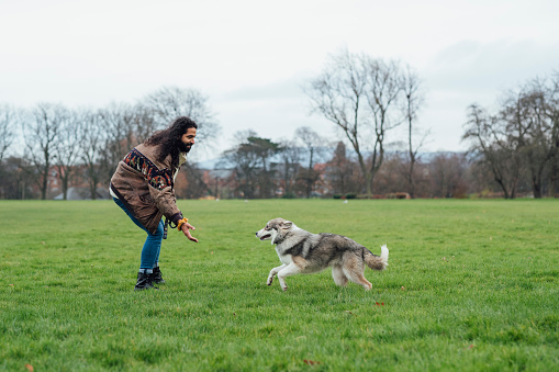 Side view of a man playing with his his adopted mixed breed dog in the North East of England in a pubic park. They are all on a daily walk during lockdown. The dog is running towards him.