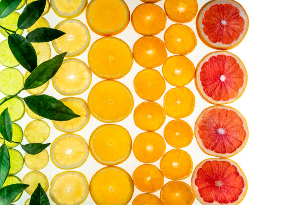 arreglo de frutas cítricas en una fila como pomelo, naranjas, mandarina, limón sobre blanco - citrus fruit mandarin orange orange large group of objects fotografías e imágenes de stock