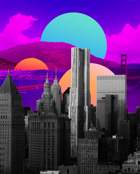 Trendy neon lighted wallpaper and background. Modern design. Contemporary art collage.