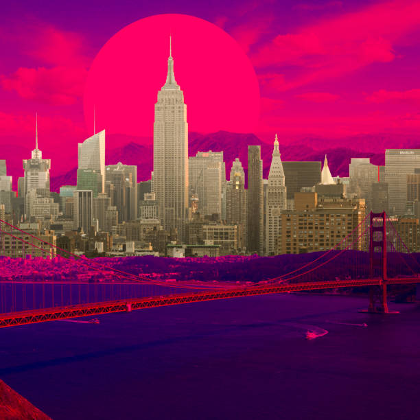 Trendy neon lighted wallpaper and background. Modern design. Contemporary art collage.