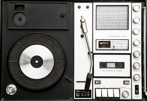Retro vintage portable stereo boombox radio cassette recorder from 80s isolated on white background.