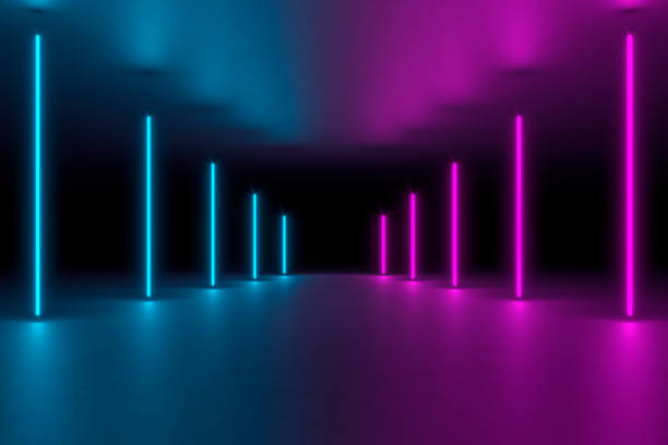 istock Modern empty abstract interior illuminated by vertical blue and pink neon lights, 80's retro style 1297010319