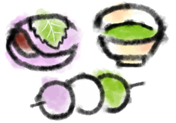 watercolor Japanese stweets and green tea hand painted watercolor Japanese stweets and green tea illustration set mochi cherry blossom cake stock illustrations