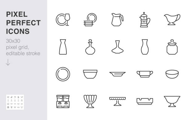 glas geschirr linie symbol-set. geschirr - teller, krug, gericht, aschenbecher, salatschüssel, dekanter, weinglas minimal vektor-illustration. einfache umriss zeichen von geschirr 30 x 30 pixel perfekt editierbarstrich - ceramics stock-grafiken, -clipart, -cartoons und -symbole