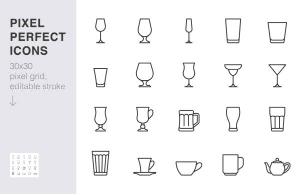 glaslinie-symbol-set. trinken glaswaren typ - bierbecher, whisky schuss, weinglas, teekanne minimal vektor-illustration. einfache umrisszeichen von cocktail, getränk. 30x30 pixel perfekt, editierbarer hub - cup stock-grafiken, -clipart, -cartoons und -symbole