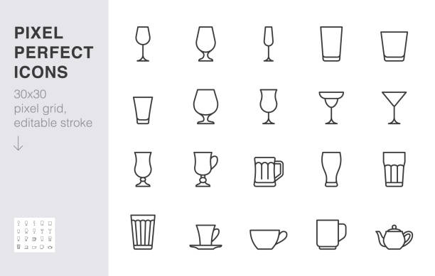 Glass line icon set. Drink glassware type - beer mug, whiskey shot, wineglass, teapot minimal vector illustration. Simple outline sign of cocktail, beverage. 30x30 Pixel Perfect, Editable Stroke Glass line icon set. Drink glassware type - beer mug, whiskey shot, wineglass, teapot minimal vector illustration. Simple outline sign of cocktail, beverage. 30x30 Pixel Perfect, Editable Stroke. drinks utensil stock illustrations