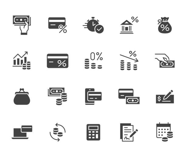 Money loan flat icon set. Credit score, low interest, discount card, mortgage percent, tax black minimal silhouette vector illustration. Simple glyph signs for bank application Money loan flat icon set. Credit score, low interest, discount card, mortgage percent, tax black minimal silhouette vector illustration. Simple glyph signs for bank application. tax silhouettes stock illustrations