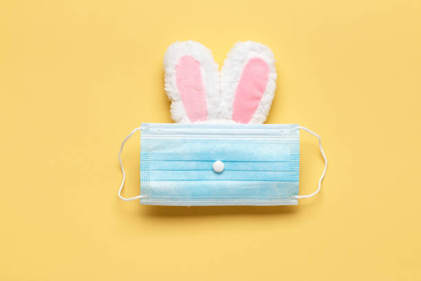 istock Easter and quarantine. Rabbit in a protective medical mask on a yellow background. 1297012823