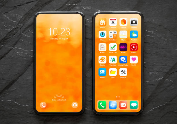 Mobile phone with locked and home screens, mockup of user interface and app icons on a black bacground