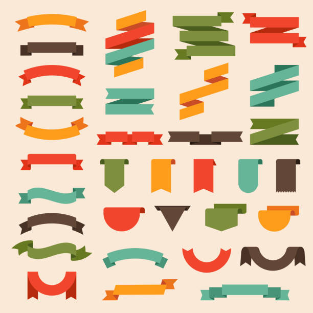 illustrations, cliparts, dessins animés et icônes de rubans plats. étiquettes modernes de bannières bouclées et drapeaux de rubans décorant les formes récentes de vecteur - banderole signalisation