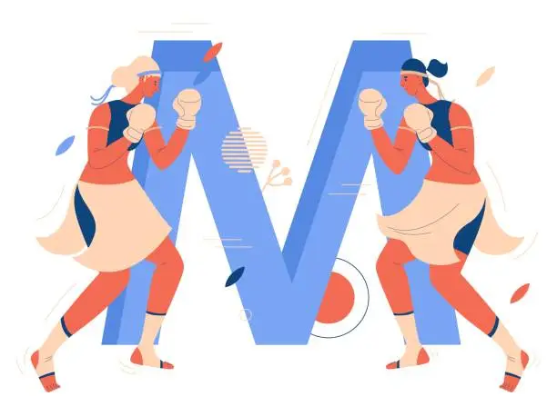 Vector illustration of Two young woman during muay thai sparring in front of large blue letter M. Beautiful uniform, headbands and ankle guards