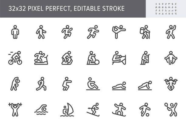 Sport people flat icons. Vector illustration with minimal icon - exercise, yoga, active man, treadmill, fitness, aerobic, snowboard, treadmill, simple pictogram. 32x32 Pixel Perfect Sport people flat icons. Vector illustration with minimal icon - exercise, yoga, active man, treadmill, fitness, aerobic, snowboard, treadmill, simple pictogram. 32x32 Pixel Perfect. sports icons stock illustrations