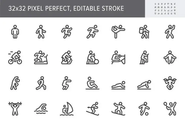 Vector illustration of Sport people flat icons. Vector illustration with minimal icon - exercise, yoga, active man, treadmill, fitness, aerobic, snowboard, treadmill, simple pictogram. 32x32 Pixel Perfect