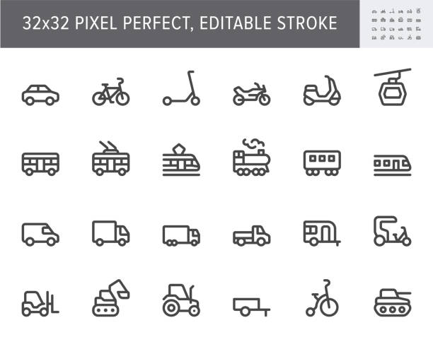 ilustrações de stock, clip art, desenhos animados e ícones de transport side view flat icons. vector illustration with minimal icon - bike, tram, train, electric scooter, trolley, railway, motorbike, trailer, excavator simple pictogram. 32x32 pixel perfect - transportation delivering land vehicle car