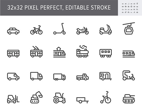 Transport side view flat icons. Vector illustration with minimal icon - bike, tram, train, electric scooter, trolley, railway, motorbike, trailer, excavator simple pictogram. 32x32 Pixel Perfect.