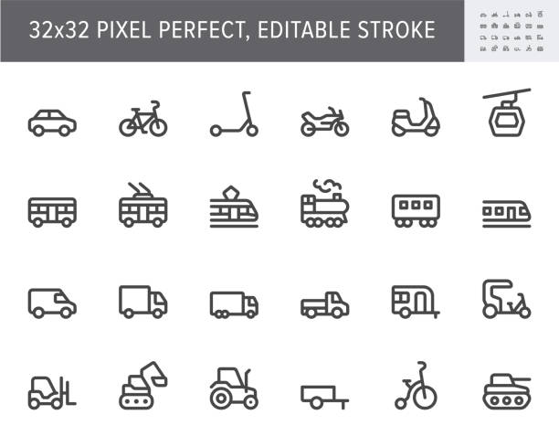 Transport side view flat icons. Vector illustration with minimal icon - bike, tram, train, electric scooter, trolley, railway, motorbike, trailer, excavator simple pictogram. 32x32 Pixel Perfect Transport side view flat icons. Vector illustration with minimal icon - bike, tram, train, electric scooter, trolley, railway, motorbike, trailer, excavator simple pictogram. 32x32 Pixel Perfect. car icon stock illustrations