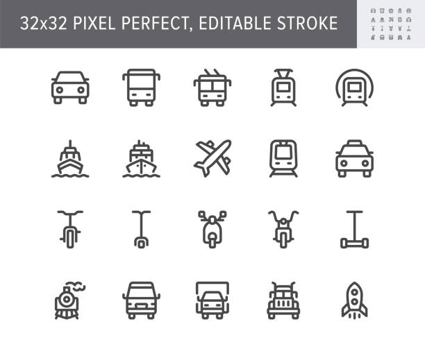 Transport front view flat icons. Vector illustration with minimal icon - ship, bus, car, truck, scooter, tram, airplane, subway, trolleybus, underground simple pictogram. 32x32 Pixel Perfect Transport front view flat icons. Vector illustration with minimal icon - ship, bus, car, truck, scooter, tram, airplane, subway, trolleybus, underground simple pictogram. 32x32 Pixel Perfect. train vehicle front view stock illustrations