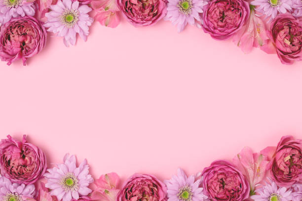 istock Frame made of rose and aster flower texture on a pink pastel background with copyspace. 1297017772