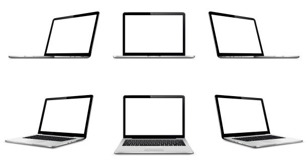 白い背景に空白の画面を持つノートパソコン。視点、および空白の画面を備えたフロントラップトップビュー。 - netbook white laptop computer点のイラスト素材／クリップアート素材／マンガ素材／アイコン素材
