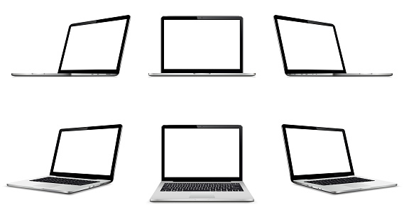 Laptop with blank empty screen on white background. Perspective, and front laptop view with blank screen.
