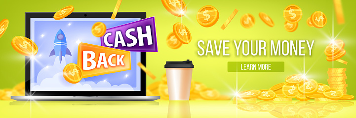 Online shopping, internet bonus program green background. Cash back sale, offer web concept