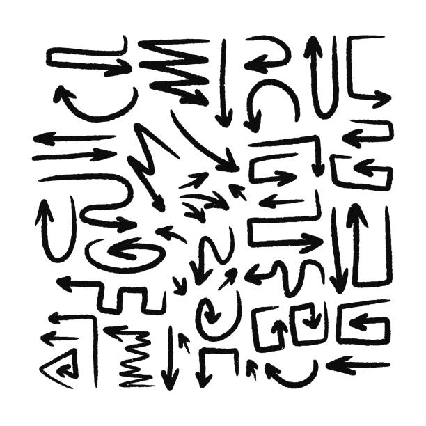 istock Black line arrows of different shapes and directions isolated on white background. Hand drawn arrows doodle direction mark. 1297019417