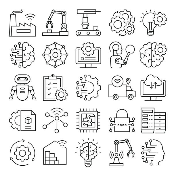 ilustraciones, imágenes clip art, dibujos animados e iconos de stock de iconos de línea vectorial relacionados con la industria 4.0. símbolo de esquema perfecto de píxel - digitalización