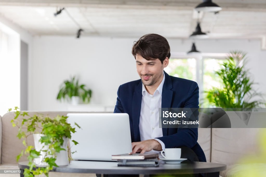 Businessman working on laptop in the green office Cheerful mid adult man wearing navy blue jacket sitting on sofa in the creative workplace and using laptop. Fashionable Stock Photo