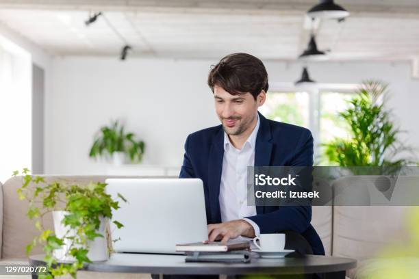 Businessman Working On Laptop In The Green Office Stock Photo - Download Image Now - Fashionable, Laptop, Men