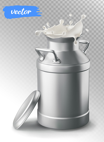 Milk can container and milk splash. 3d vector element for package design.