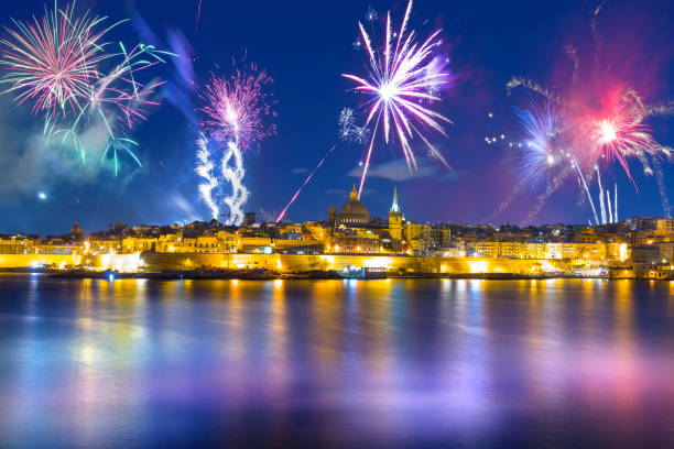 Fireworks display over the Valletta city, capital of Malta
