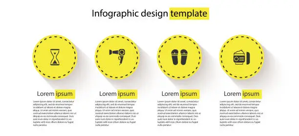 Vector illustration of Set Sauna hourglass, Hair dryer, Flip flops and Cream or lotion cosmetic tube. Business infographic template. Vector