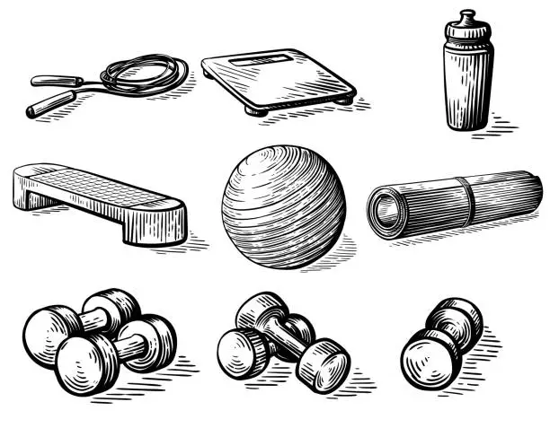 Vector illustration of sketch hand drawn collection of elements for fitness ball scales bottle dumbbell step