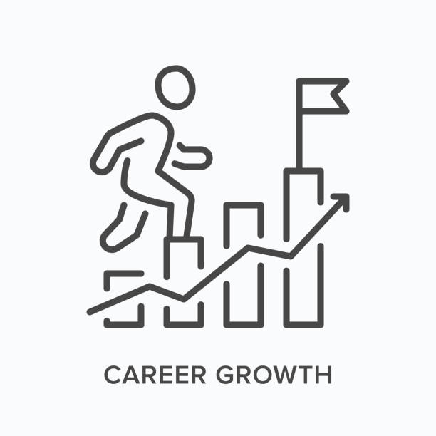 Career growth flat line icon. Vector outline illustration of man climbing potential ladder. Black thin linear pictogram for corporate career Career growth flat line icon. Vector outline illustration of man climbing potential ladder. Black thin linear pictogram for corporate career. ladder of success stock illustrations