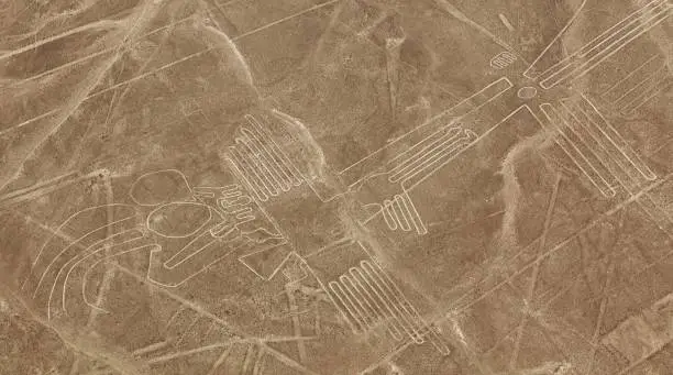 pelican geoglyph, Nazca or Nasca mysterious lines and geoglyphs aerial view sepia colored, landmark in Peru