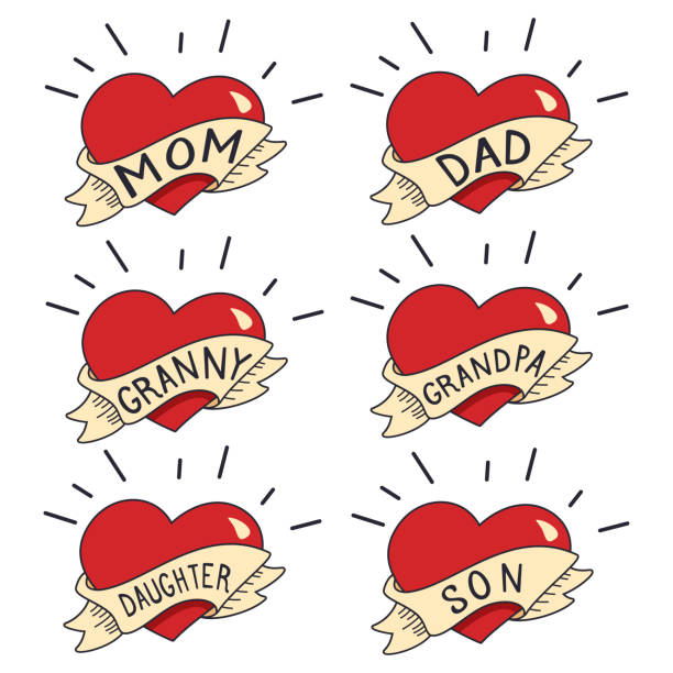Old School Tattoo Vector Set Isolated On White Background Heart With Ribbon  And The Words Mom Dad Daughter Son Grandpa And Grandnny Stock Illustration  - Download Image Now - iStock