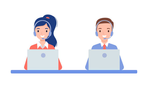 A girl and a guy in headphones, the concept of a call center and online customer support. A girl and a guy in headphones, the concept of a call center and online customer support. Vector illustration in flat style. receptionist stock illustrations