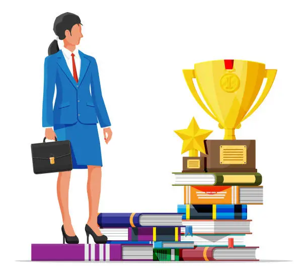 Vector illustration of Businesswoman with trophy on stack of books.