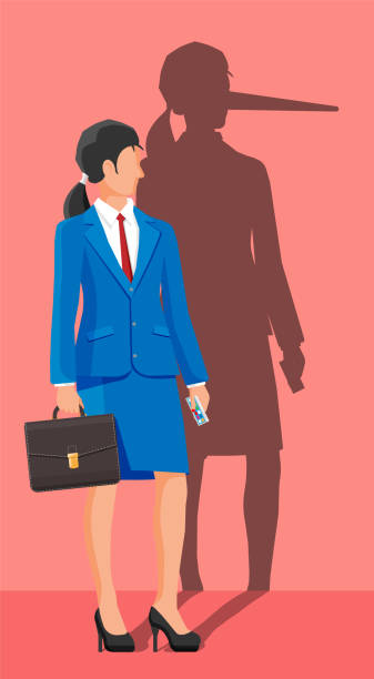 Businesswoman with long nose shadow on wall. Businesswoman with long nose shadow on wall. Liar, lying people in business. Cheat, fraud, scam, hoax and crime. Vector illustration in flat style pinocchio illustrations stock illustrations