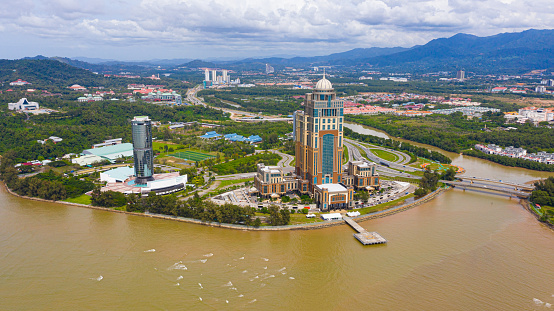 An aerial view of Sabah State Administrative Centre, in Likas, Sabah. The 33-storey office tower is the tallest building in Borneo