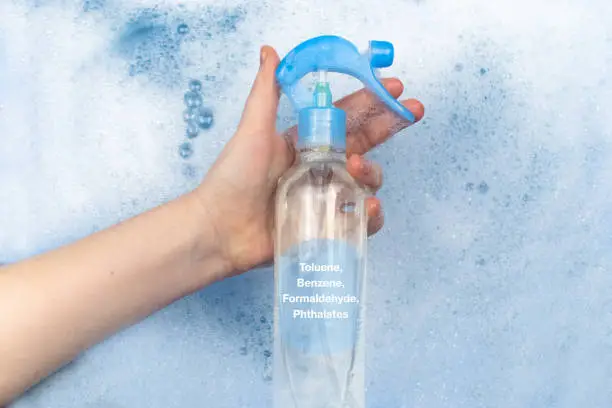 Photo of Air freshener floating in soapy water. Harmful composition of ingredients. Remedy with Toluene, Benzene, Formaldehyde, Phthalates. The concept of hazardous substances in cosmetics and household chemicals